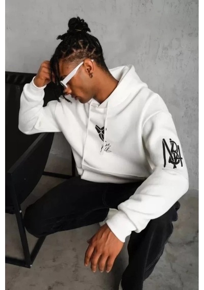 Vexor Unisex Sırt Baskılı Kapüşonlu Üç İplik Oversize Sweatshirt - Beyaz