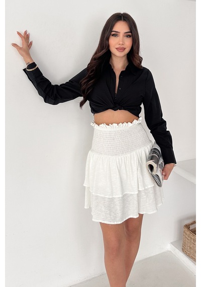 Kadın Katlı Smock Bel Mini Short Etek Summer Layers Beyaz