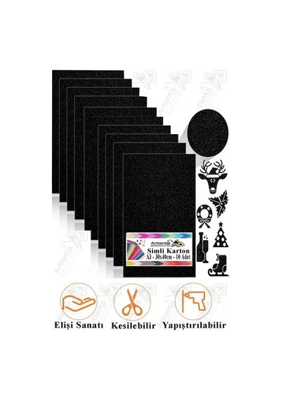 Siyah Simli Karton A3 30x40 Cm 10 Lu 1 Paket Simli Fon Kartonu Parıltılı Kağıt Anasınıfı Kreş Etkinlik Proje Siyah