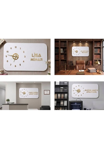 Odak Serisi: Modern Ve Kişiselleştirilebilir Ahşap Duvar Saati 80x50 Cm Beyaz Üzeri Gold Renk Altın - Beyaz