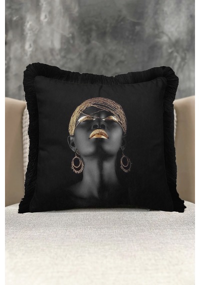 Lüks Afro Portre Saçaklı Yastık Kılıfı - Afrika Esintili Bohem Siyah Püsküllü Kırlent Kılıfı Koyu Gece Kahve