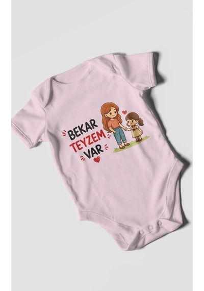 Morivokids Bekar Teyzem Var Kısa Kollu Bebek Body %100 Pamuk Bebe Pembe