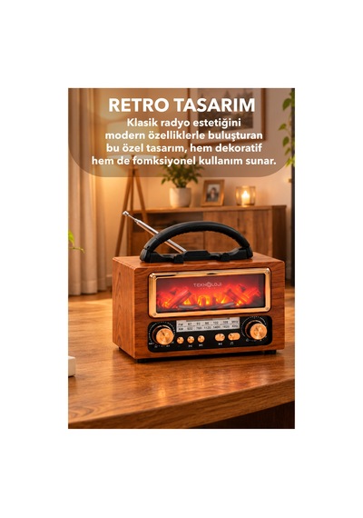 Nostaljik Radyo Şömine Görünümlü Müzik Kutusu Retro Ahşap -bluetooth Hoparlör Speaker & Usb Destekli Ns-901bt