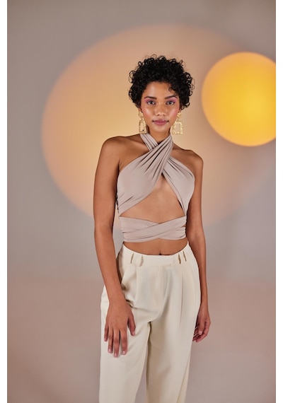 Holly Lolly Crop Model Wrap Top Bej
