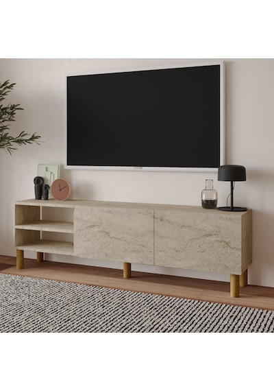 İnarch Dizayn River 150 Cm Modern Tv Sehpası Kapaklı Ve Raflı Tasarım Traverten