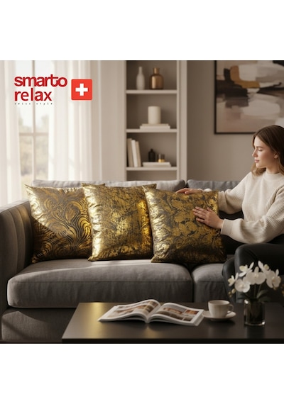 Smarto Relax 4'lü Antibakteriyel Desenli Dekoratif Dolgulu Kırlent 45x45 Cm Siyah - Altın