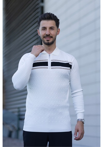 Hk Premium Kazak Polo Yaka Fermuarlı Şerit Detaylı Triko Beyaz