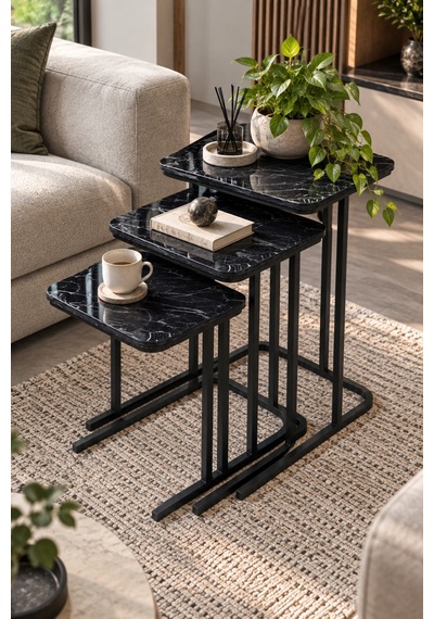 Sulorahome 3'lü Zigon Sehpa Seti Siyah Mermer Desenli Metal Ayaklı
