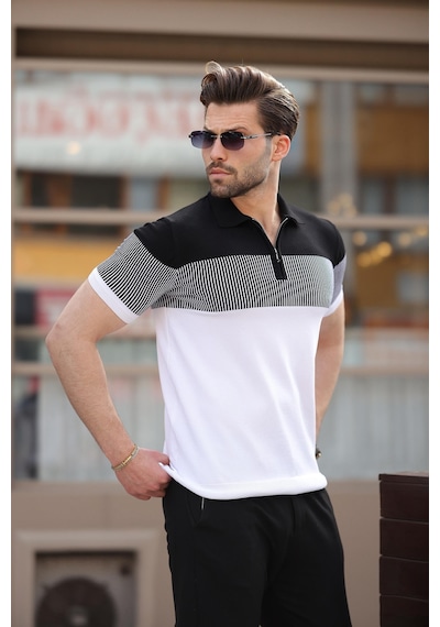 Madmext Beyaz Renk Bloklu Polo Yaka Triko Erkek T-shirt E7409 Beyaz
