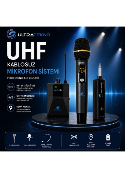Ultratekno Uhf Kablosuz Mikrofon Seti El Yaka Çene Mikrofonlu 6.5 Mm Alıcılı 3.5 Mm Çeviricili Şarjlı Profesyonel Ses Sistemi