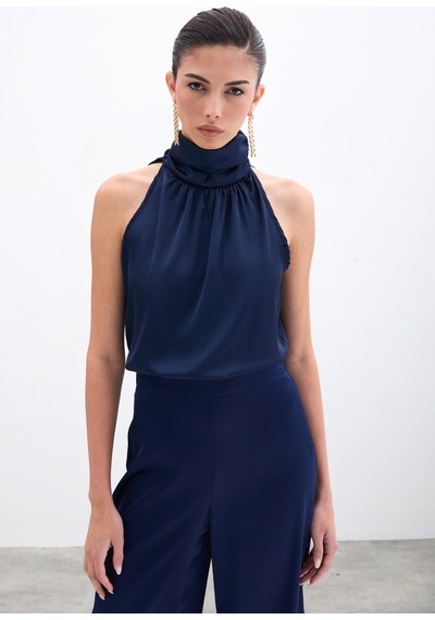 Sateen Desenli Kolsuz Bluz - Lacivert
