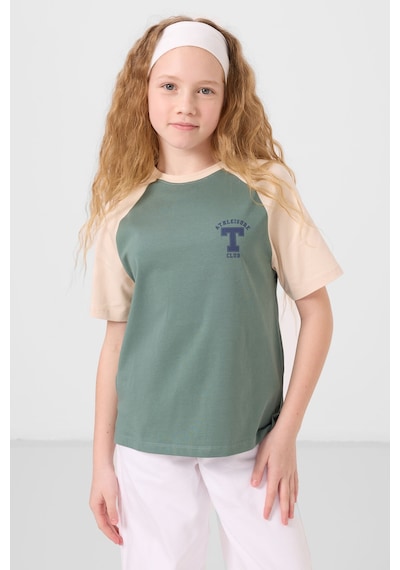Açık Yeşil O Yaka Pamuklu Baskılı Oversize Fit Kız Çocuk T-shirt - 75179 Yeşil