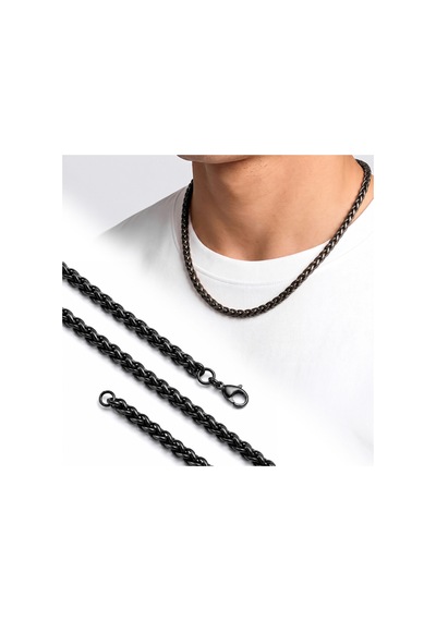 Premium Parlak Ve Şık Hasır Örgü Erkek 316l Çelik Kolye 6mm 55cm 3183eck031 - Siyah Renk
