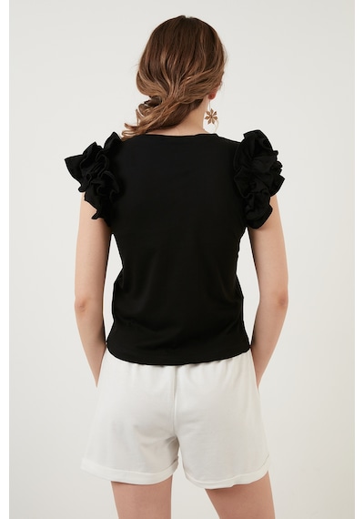 Lela Pamuklu Kolları Fırfırlı Slim Fit Bisiklet Yaka Bayan T Shirt 5864500 Siyah