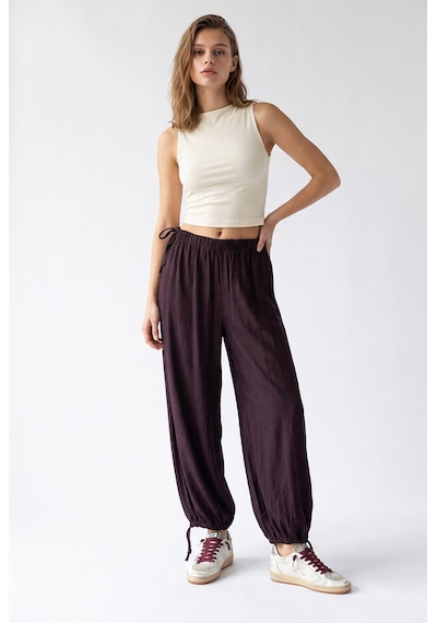 Mixray 4965 Kadın Beli Lastikli Bağcıklı Şalvar Pantolon Bordo
