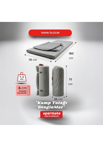 Xpermate Gezginmat Kamp Yatağı Tek Kişilik Taşıma Çantalı Kamp Matı 70 x 180 x 6 CM Gri
