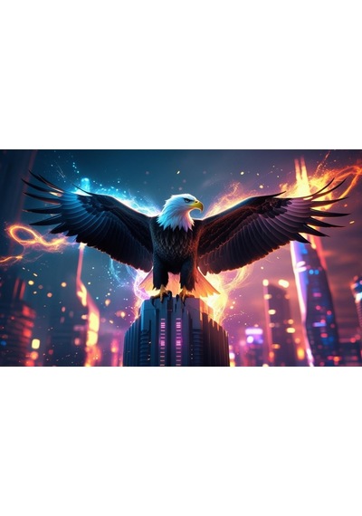 Kartal Fütüristik Bir Şehirde Neon Parıltı Stili 07 Çerçevesiz 50x30 Cm Pvc Tablo