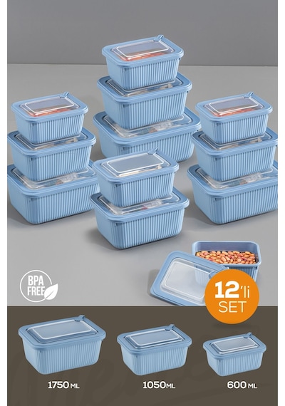 Vienev 12'li Vip Dikdörtgen Mikrodalga Ve Difrize Uygun Saklama Kabı Seti Mavi 4x 1750,1050,600 Ml Mavi
