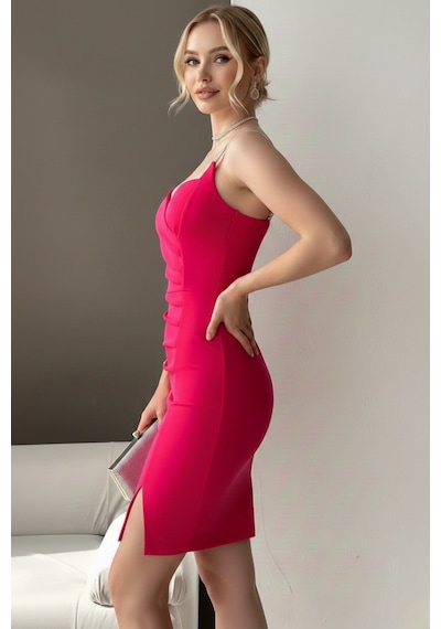 Defymoda Kadın Esnek Yapılı İnce Askı Elbise Pembe