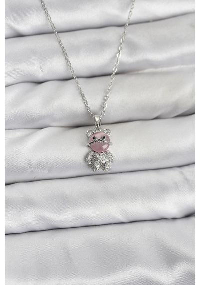 316l Çelik Zincir Gümüş Renk Teddy Bear Model Zirkon Taşlı Kadın Kolye