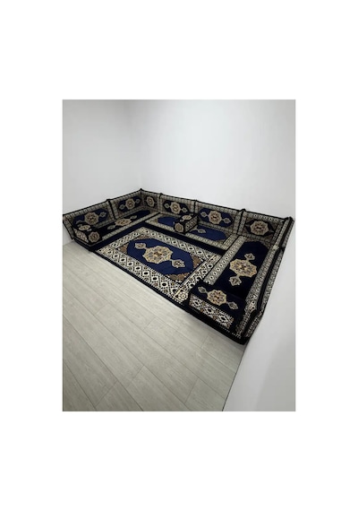Güneş Modeli Lacivert Otantik Şark Köşesi Takımı U Set - Geleneksel Yer Minderi Seti 10 Cm Minder Kalınlığı 15 Parça