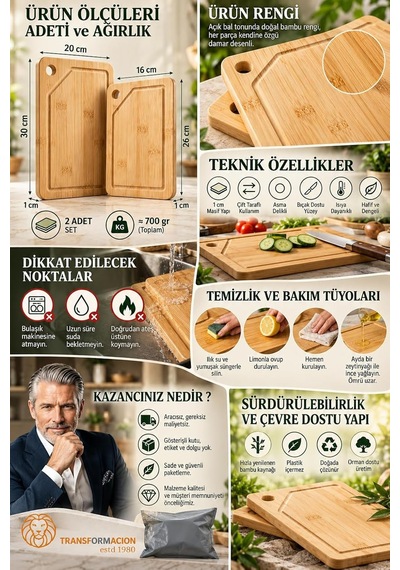 Madagaskar Bambu 2'li Kesme Tahtası Seti - 30x20 Ve 26x16 Cm Doğal Antibakteriyel Sunum Ve Doğrama Tahtası - Mutfak Et Ekmek Sebze 723852 Çok Renkli
