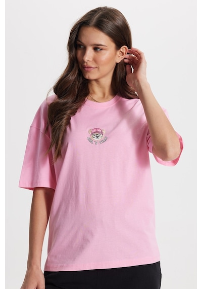 Tudors Kadın Oversize Geniş Kesim %100 Pamuk Bisiklet Yaka Kısa Kollu Baskıllı Pembe Tişört -50801