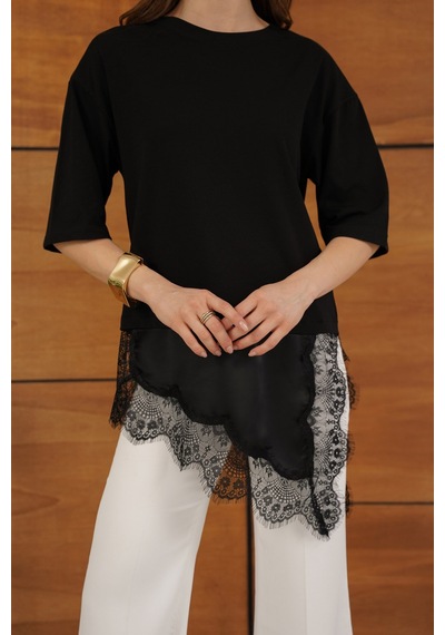 Verymoda Dantel Ve Saten Detaylı Asimetrik Tişört D2942 Siyah