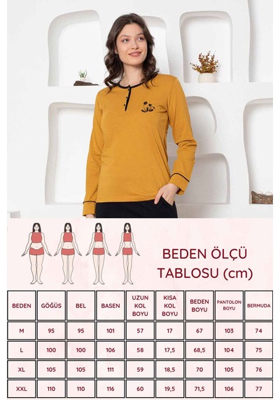 Alimer Kadın Hardal Bisiklet Yaka Uzun Kol Pijama Takım Edy2775h Hardal