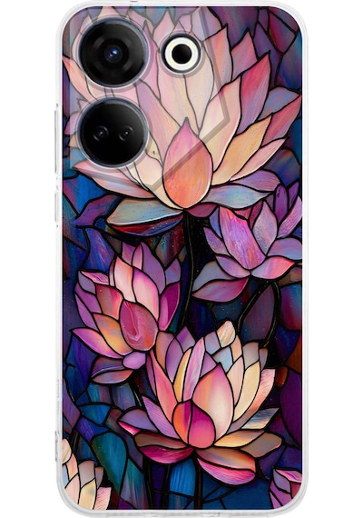 Printify Tecno Camon 20 Pro İle Uyumlu Vitray Sessiz Lotus Tasarımlı Şeffaf Silikon Kılıf Şeffaf