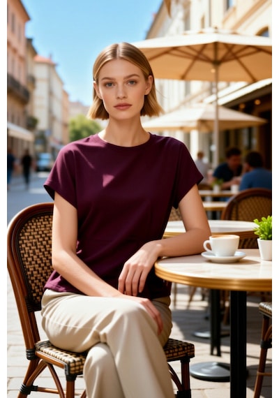 Benerly Kadın T Shirt Kayık Yaka Kısa Kol Relaxed Rahat Kalıp Büzgülü Düz Mürdüm