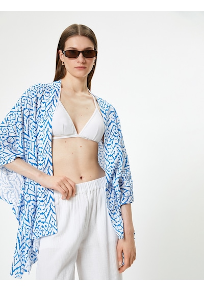Koton Oversize Kimono Kısa Geniş Kollu Viskoz Kumaş Etnik Desenli Lacivert Desenli 4sak80019mw Lacivert