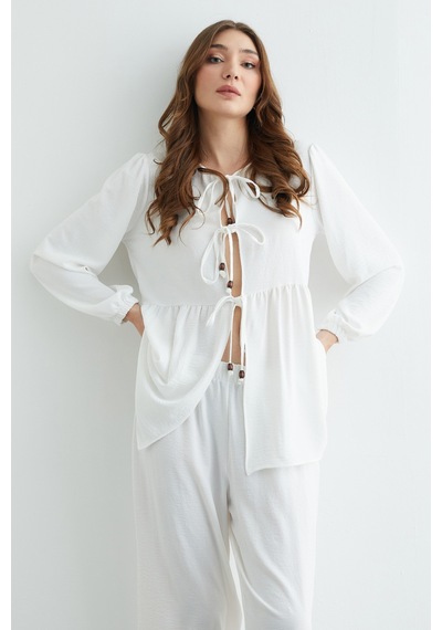 Fullamoda Fullamodest Önü Bağlamalı Ayrobin Kimono 2 Li Takım Beyaz