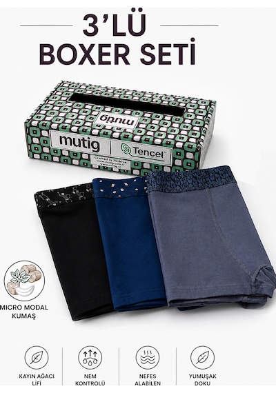 Mutig Tencel Modal Erkek Boxer 3'lü Gri - Siyah