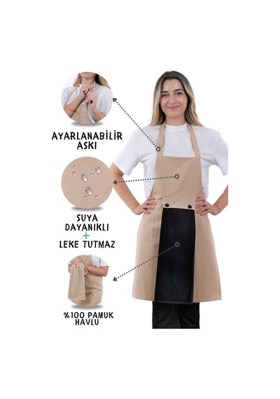 Star Ayar Askılı Havlulu Mutfak Önlüğü Seti Havlulu Önlük Krem-siyah