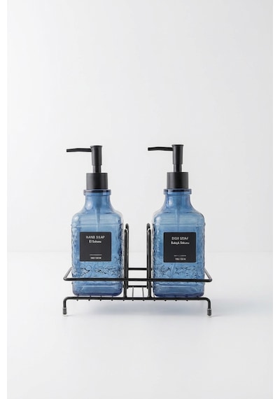 Makri Home Modern Kabartma Desenli Cam Ikili Sıvı Sabunluk & Deterjanlık Seti, Mavi - 500 Ml Cam Sabunluk Mavi