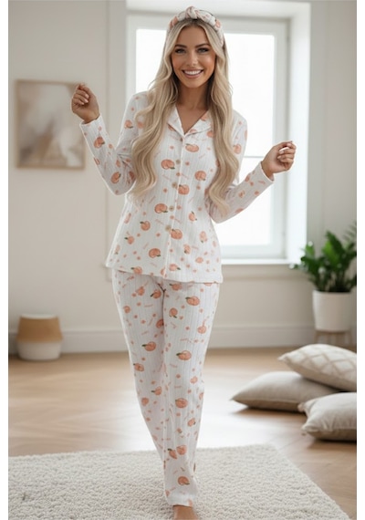 Siyah İnci Yumuşak Tuşe Kışlık Fitilli Düğmeli Pamuklu Örme Pijama Takım 7980 Şeftali Desen