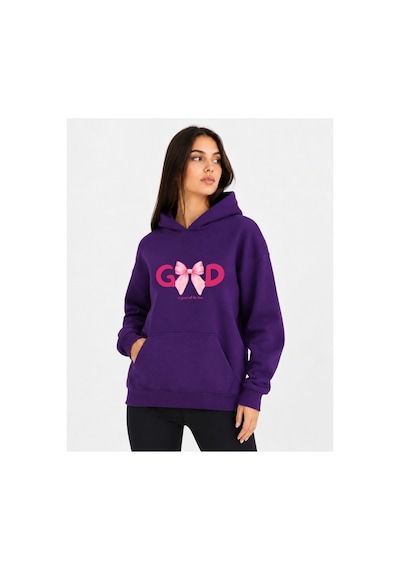 Herkesemoda Good Kurdele Baskılı Kapüşonlu 2 İplik Şardonlu Sweatshirt Mor
