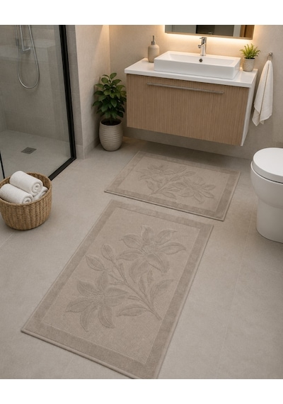 Kabartma Çiçek Desenli 2 Li Banyo Paspas Seti Yumuşak Dokulu Modern Banyo Halısı Bej