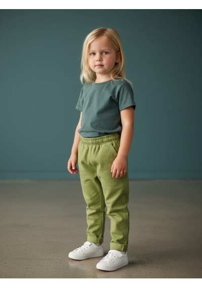 Zekids Kız Bebek Yumuşak Dokulu Beli Lastikli Duble Paça Yeşil Pantolon-16581 Yeşil
