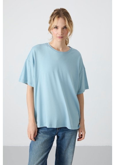 Tommy Life Açık Mavi Penye Modal Yumuşak Tuşeli Oversize Fit Basic Kadın T-shirt- 97285 Açık Mavi