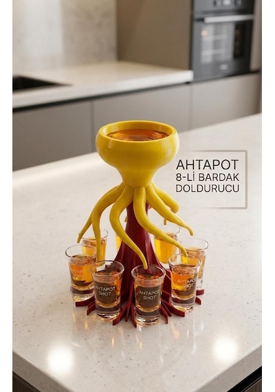 Taraftar Renkli Ahtapot Tasarımlı 8'li Pratik Bardak Ve Shot Dağıtıcı Sarı-kırmızı