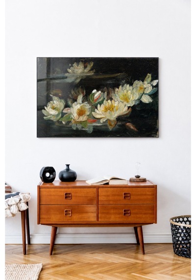 Helena De Kay Water Lilies Cam Tablo Beyaz Nilüfer Çiçekleri Kl