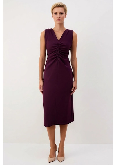 Benerly Kadın V Yaka Düşük Kol Kısa Kollu Bodycon Kalıp Midi Dokuma Elbis Mürdüm