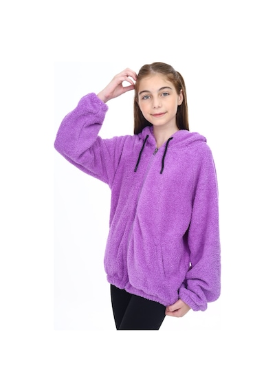 Toontoy Kız Çocuk Kapüşonlu Fermuarlı Cepli Reglan Kol Peluş Hırka Lila