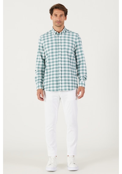 AC&Co / Altınyıldız Classics Erkek BEYAZ YESIL Slim Fit Dar Kesim Düğmeli Yaka Gofre Desenli Gömlek Beyaz - Yeşil