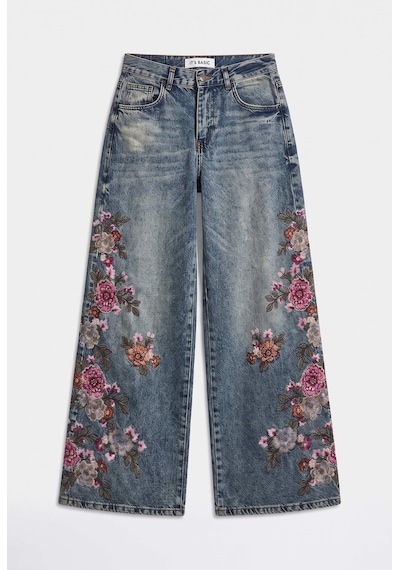 it's basic Kadın Tint 4w6-8 Palazzo Fit Özel Çiçek Nakış Tasarım Denim Jean Kırmızı
