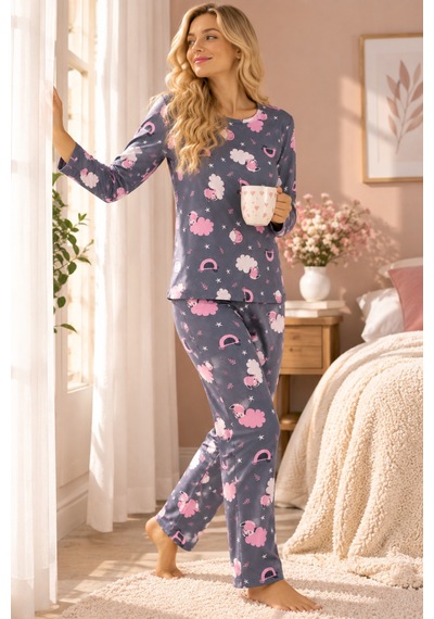 Free Beka Bisiklet Yaka Şık Desenli Rahat Ve Esnek Kumaş Uzun Kollu Kadın Pijama Takımı Gri