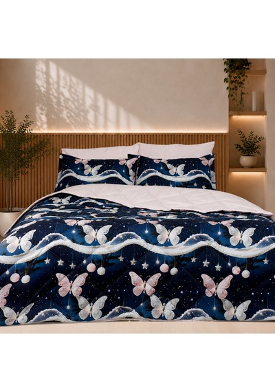 Starlight Butterfly Luxe Çift Kişilik Kelebek Desenli Premium Uyku Seti Çeyiz Seti Lastikli Çarşaflı %100 Pamuk Mavi