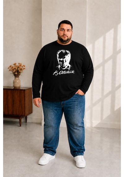 Sngl Tekstil Erkek Büyük Beden Uzun Kollu Atatürk Baskılı T-shirt 3xl 4xl 5xl 6xl 7xl 8xl 9xl Siyah
